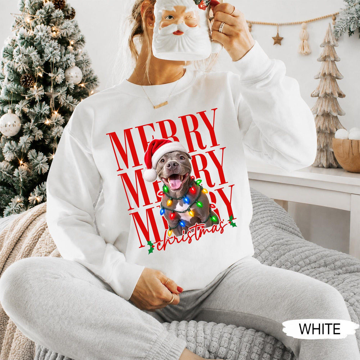 Merry Christmas Pet Photo Shirt - Personalized Dog In Santa Hat & Christmas Lights Tee - Gift For Dog Moms