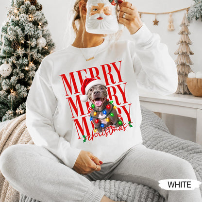 Merry Christmas Pet Photo Shirt - Personalized Dog In Santa Hat & Christmas Lights Tee - Gift For Dog Moms