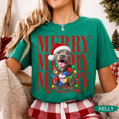 Merry Christmas Pet Photo Shirt - Personalized Dog In Santa Hat & Christmas Lights Tee - Gift For Dog Moms