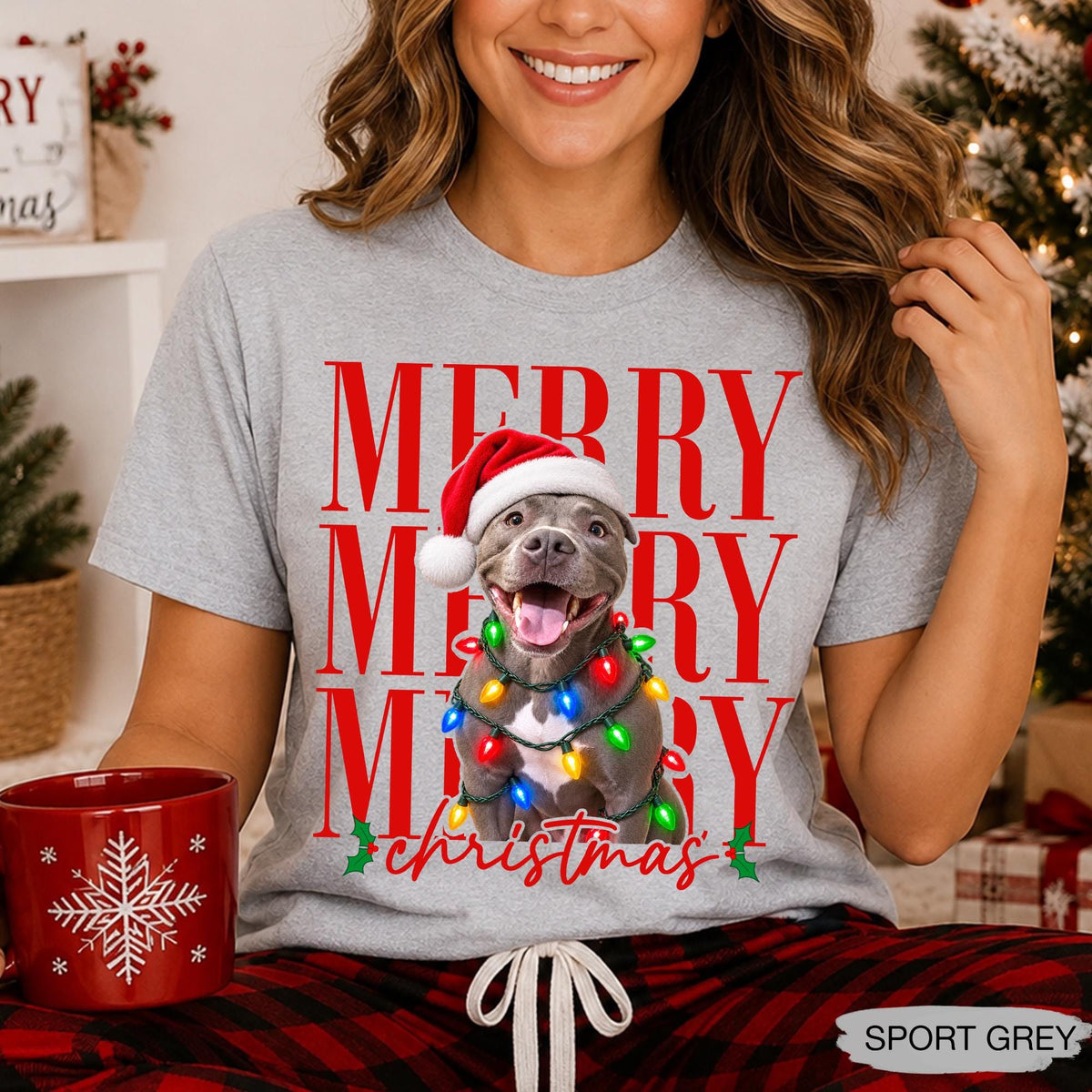 Merry Christmas Pet Photo Shirt - Personalized Dog In Santa Hat & Christmas Lights Tee - Gift For Dog Moms