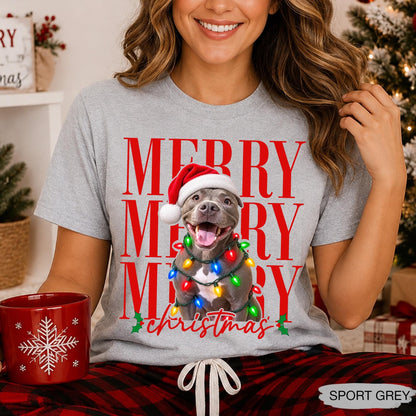 Merry Christmas Pet Photo Shirt - Personalized Dog In Santa Hat & Christmas Lights Tee - Gift For Dog Moms