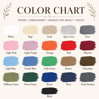 A color chart for t-shirts, sweatshirts, and hoodies for adults and youth. The chart displays twenty-one rectangular paint swatches in various colors, each labeled with its name, including white, sand, sport grey, red, and black.