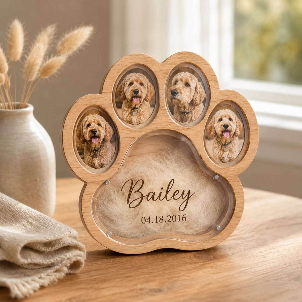 A light-colored wooden paw-shaped photo frame featuring three oval openings for dog portraits. The central section contains a patch of light-colored fur behind glass, with the name Bailey and the date 04.18.2016 printed in dark script.