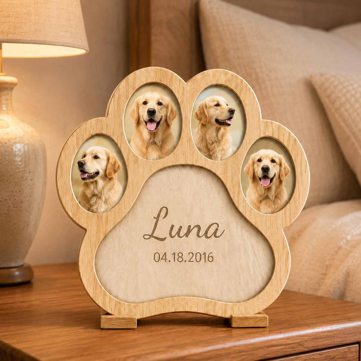 A light-colored wooden paw-shaped picture frame featuring four oval photo slots, each containing a portrait of a golden retriever. The center of the frame is engraved with the name Luna and the date 04.18.2016 in a script font.