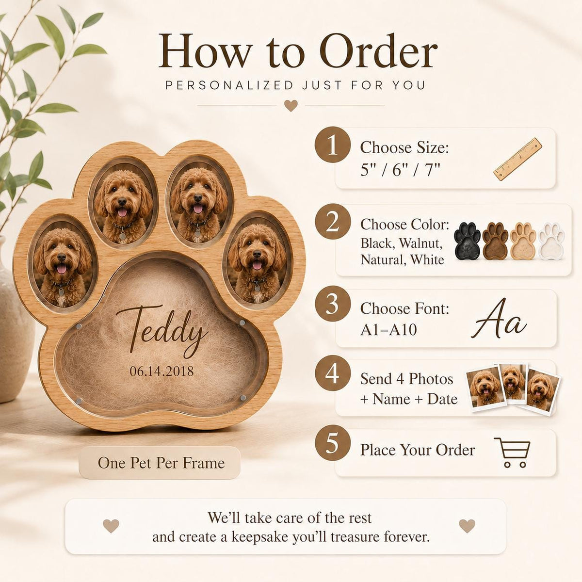 A paw-shaped wooden photo frame with four oval openings for pet photos, featuring the engraved name Teddy and date 06.14.2018. The image includes instructional text for ordering, listing size options of 5, 6, and 7 inches, and color choices.