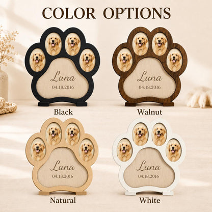 Four paw-shaped picture frames in black, walnut, natural, and white finishes. Each frame features four small oval photo slots and one large central area with the printed text Luna and 04.18.2016. The frames are displayed as color options.
