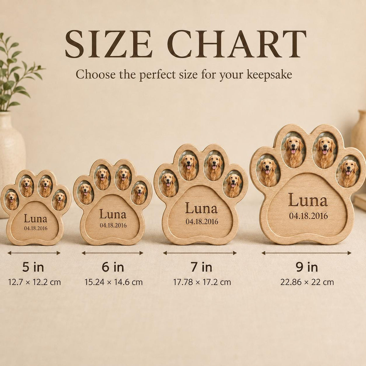 A size chart for wooden paw-shaped photo frames labeled Luna 04.18.2016. The four frames range from 5 inches to 9 inches in width, each featuring oval photo slots containing images of a golden retriever and engraved text details.