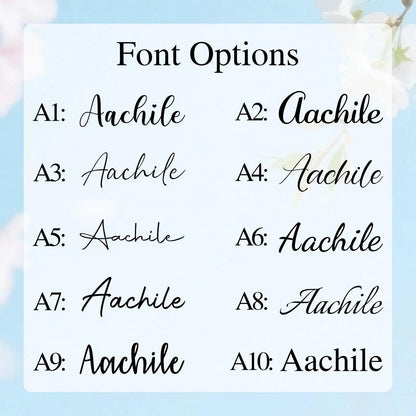 A white rectangular chart titled Font Options displaying ten distinct black script and serif typeface styles labeled A1 through A10. Each entry features the word Aachile written in a unique font variation for comparison.