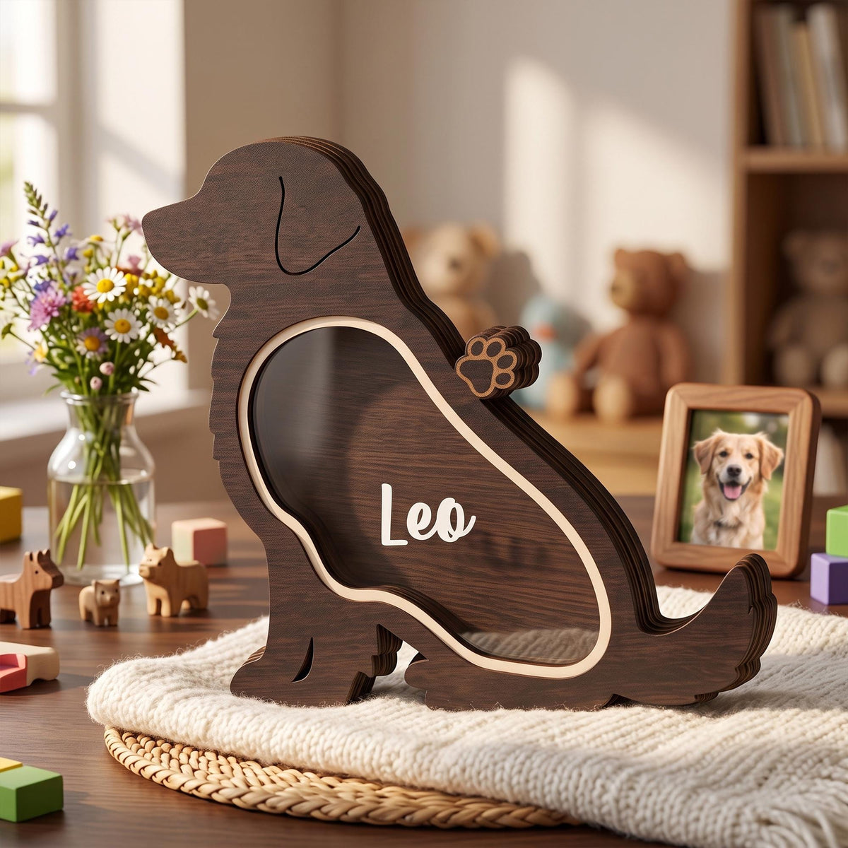 A dark brown wooden dog-shaped shadow box bank with a clear front panel. The name Leo is printed in white script on the center of the clear panel. A small wooden paw print accent is attached to the side of the dog figure.