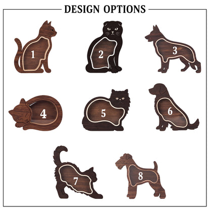A collection of eight dark brown wooden animal-shaped cutouts labeled with numbers one through eight. The shapes include various cats and dogs in different poses, each featuring a hollowed-out center section. The text DESIGN OPTIONS appears at the top.