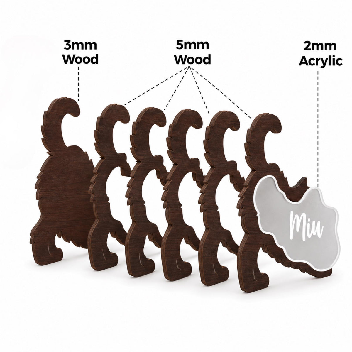 A layered cat-shaped display piece consisting of one 3mm wood layer, three 5mm wood layers, and one 2mm acrylic layer with the text Miu printed on the front. The components are arranged in a sequence to show the depth and material composition.