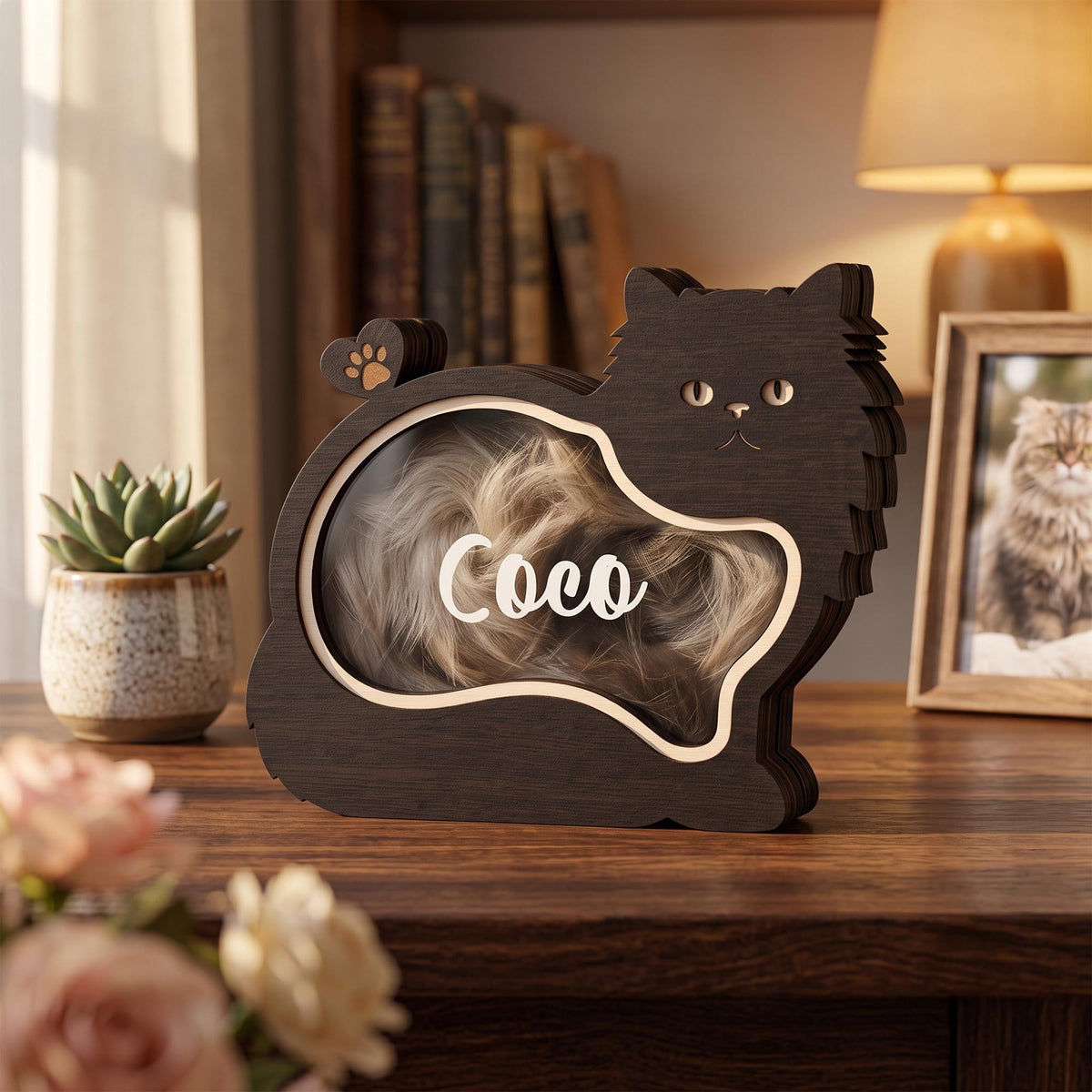 A dark brown wooden cat-shaped shadow box with a clear front panel. The name Coco is printed in white script on the glass. Inside the box is a collection of light-colored fur. A small heart-shaped detail with a paw print is on top.