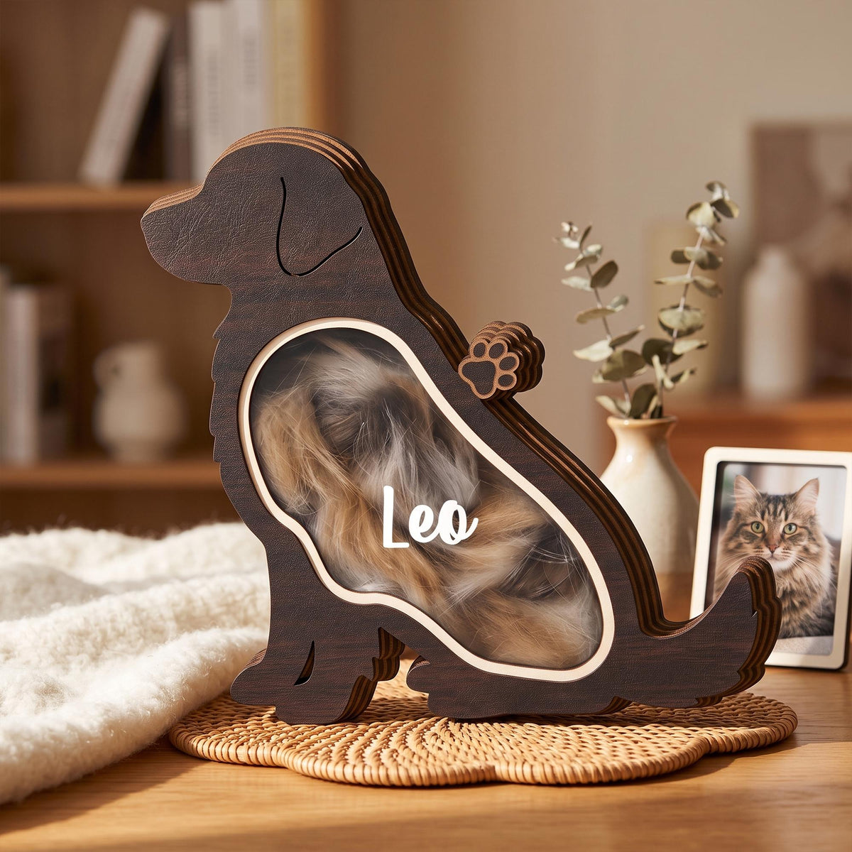 A dark brown wooden dog-shaped shadow box with a clear acrylic front panel. The interior contains light brown fur, and the name Leo is printed in white script on the front. A small wooden paw print is attached to the side of the dog.