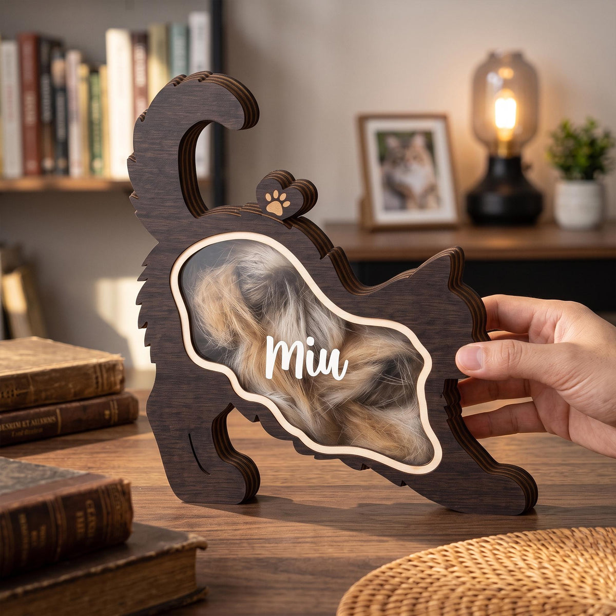 A dark brown wooden cat-shaped shadow box with a clear front panel containing light-colored fur. The frame features a cutout paw print detail at the top and the name Miu printed in white script lettering across the center of the glass.