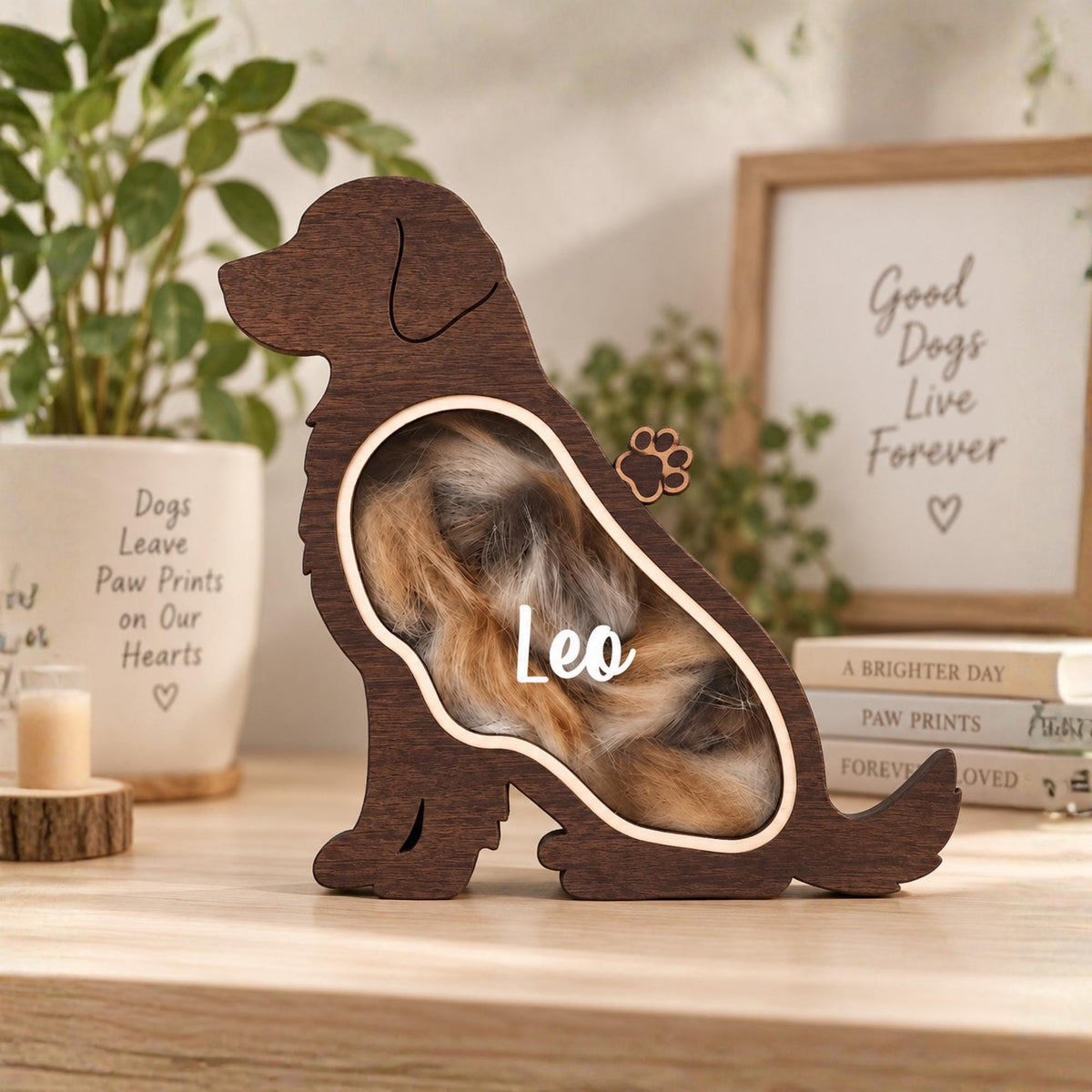 A dark brown wooden dog-shaped shadow box with a clear center panel containing brown and white fur. The name Leo is printed in white script on the center panel. A small wooden paw print cutout is attached to the top of the dog's back.
