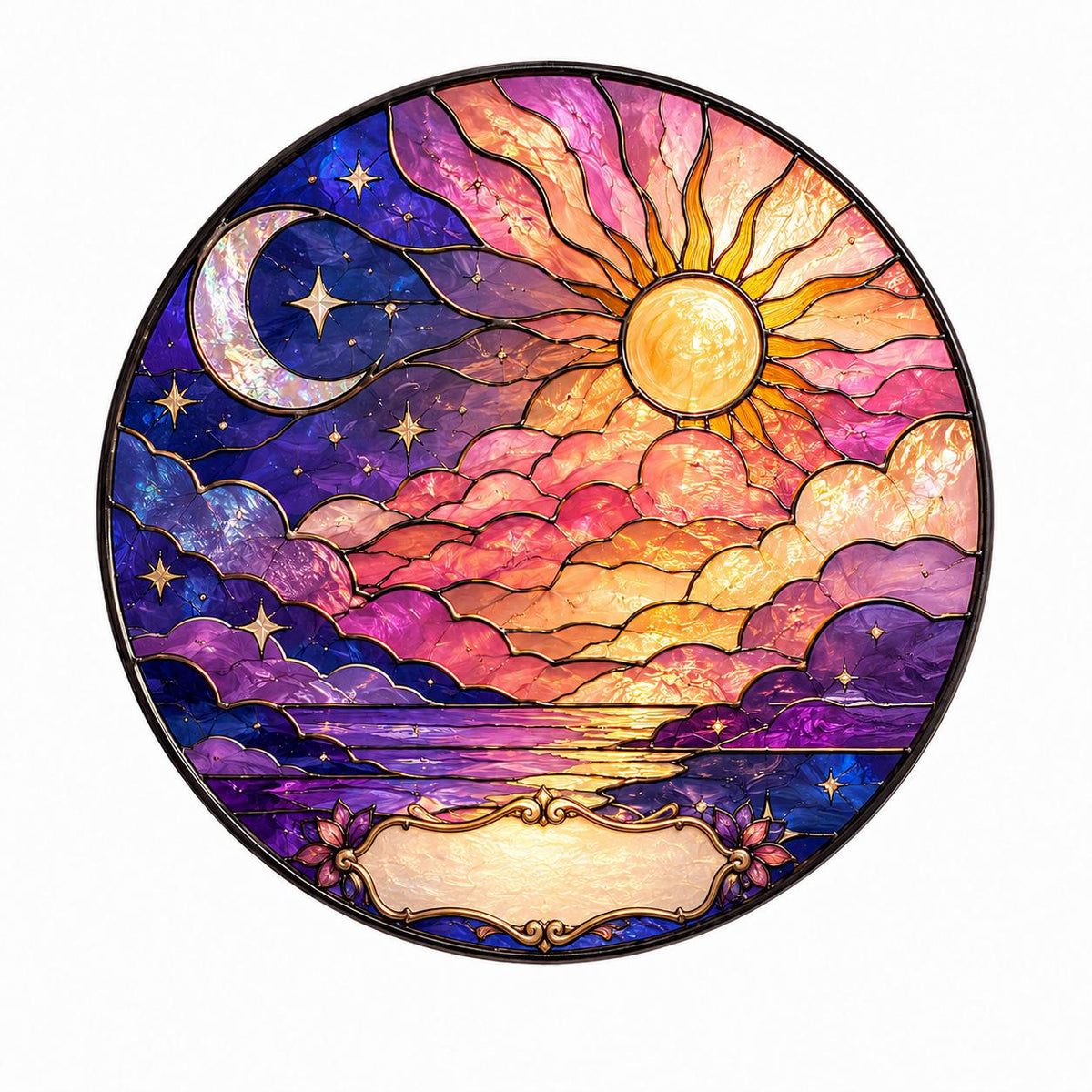Night sky stained glass suncatcher with moon, stars, and glowing clouds in purple and gold tones, round hanging panel.