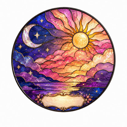 Night sky stained glass suncatcher with moon, stars, and glowing clouds in purple and gold tones, round hanging panel.