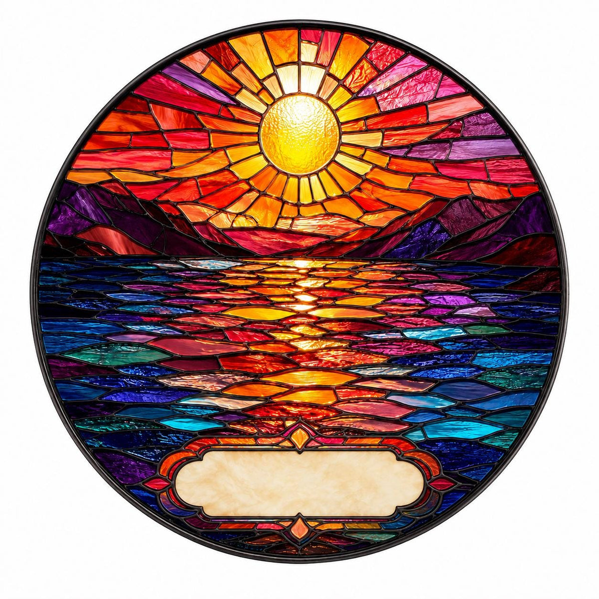 Ocean sunset stained glass suncatcher with vivid red and blue reflections on water, circular glass panel with blank engraving area.