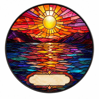 Ocean sunset stained glass suncatcher with vivid red and blue reflections on water, circular glass panel with blank engraving area.