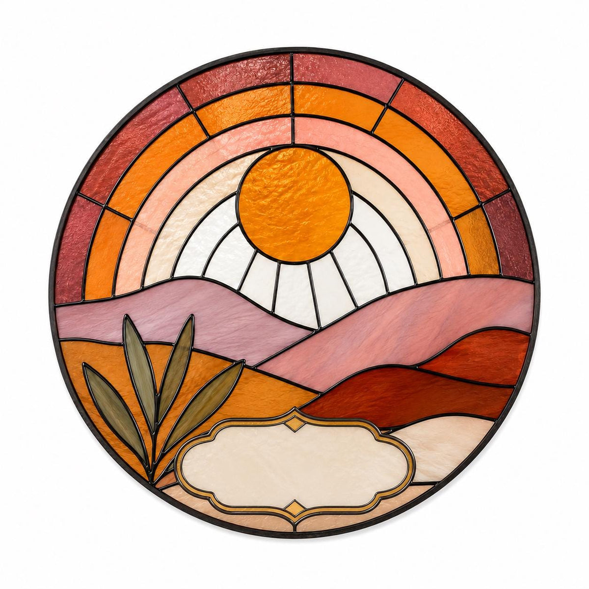 Abstract sunset stained glass suncatcher with layered hills and sun in warm orange tones, modern geometric circular design.