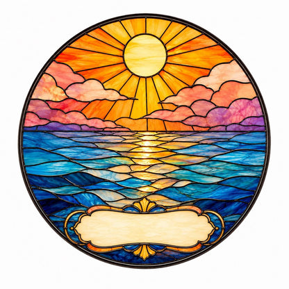Ocean sunset stained glass suncatcher with bright sun reflection on water and blank nameplate, rich blue and gold glass tones.