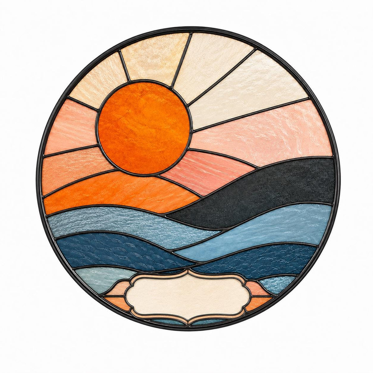 Minimalist stained glass suncatcher with large orange sun and layered hills in soft neutral tones, circular panel.