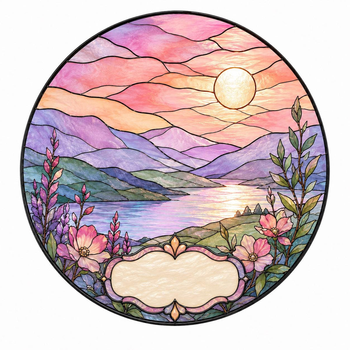 Pastel landscape stained glass suncatcher with mountains, lake, and soft pink sky, delicate floral accents in round design.