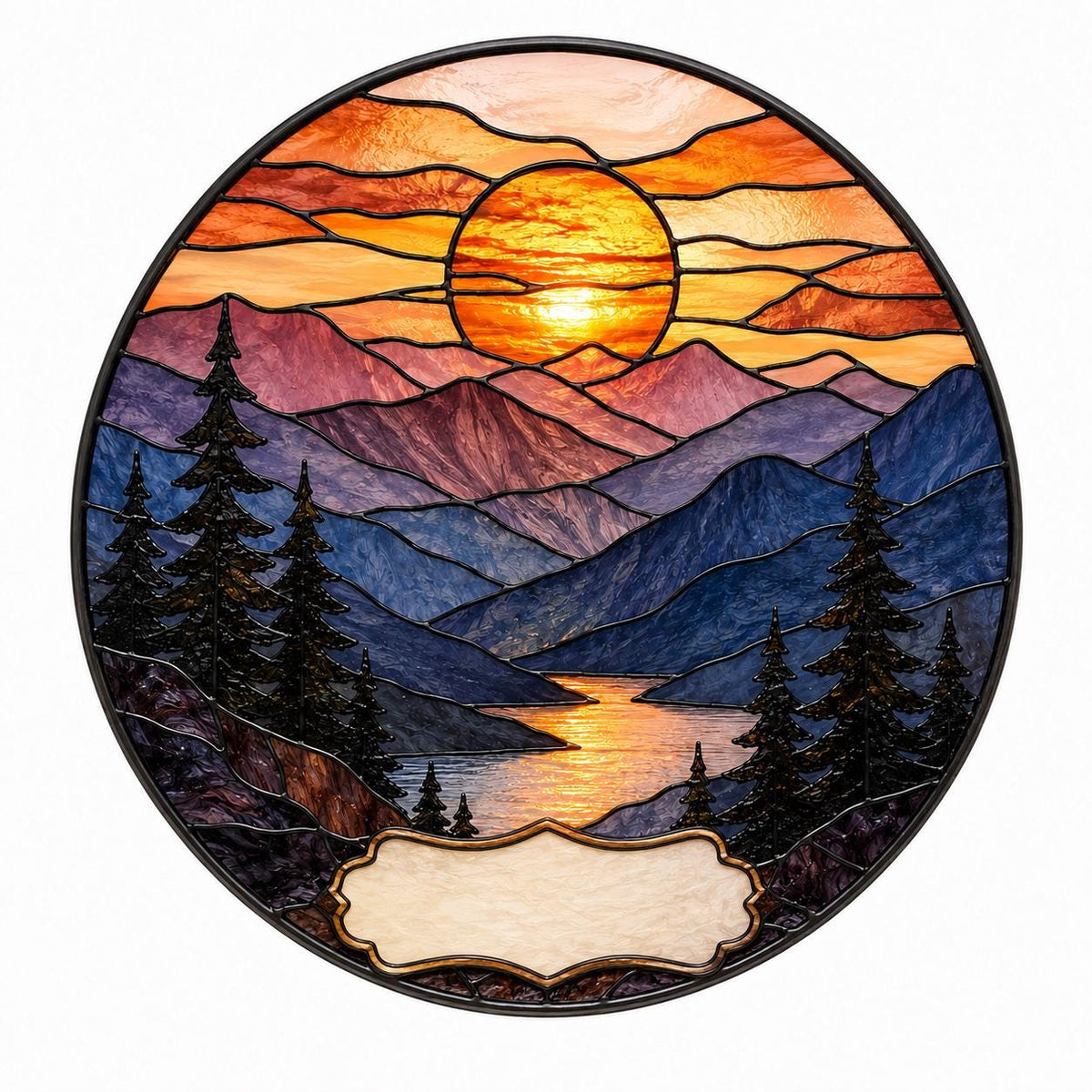 Mountain sunset stained glass suncatcher with pine trees and glowing sky, warm orange tones reflecting on water.