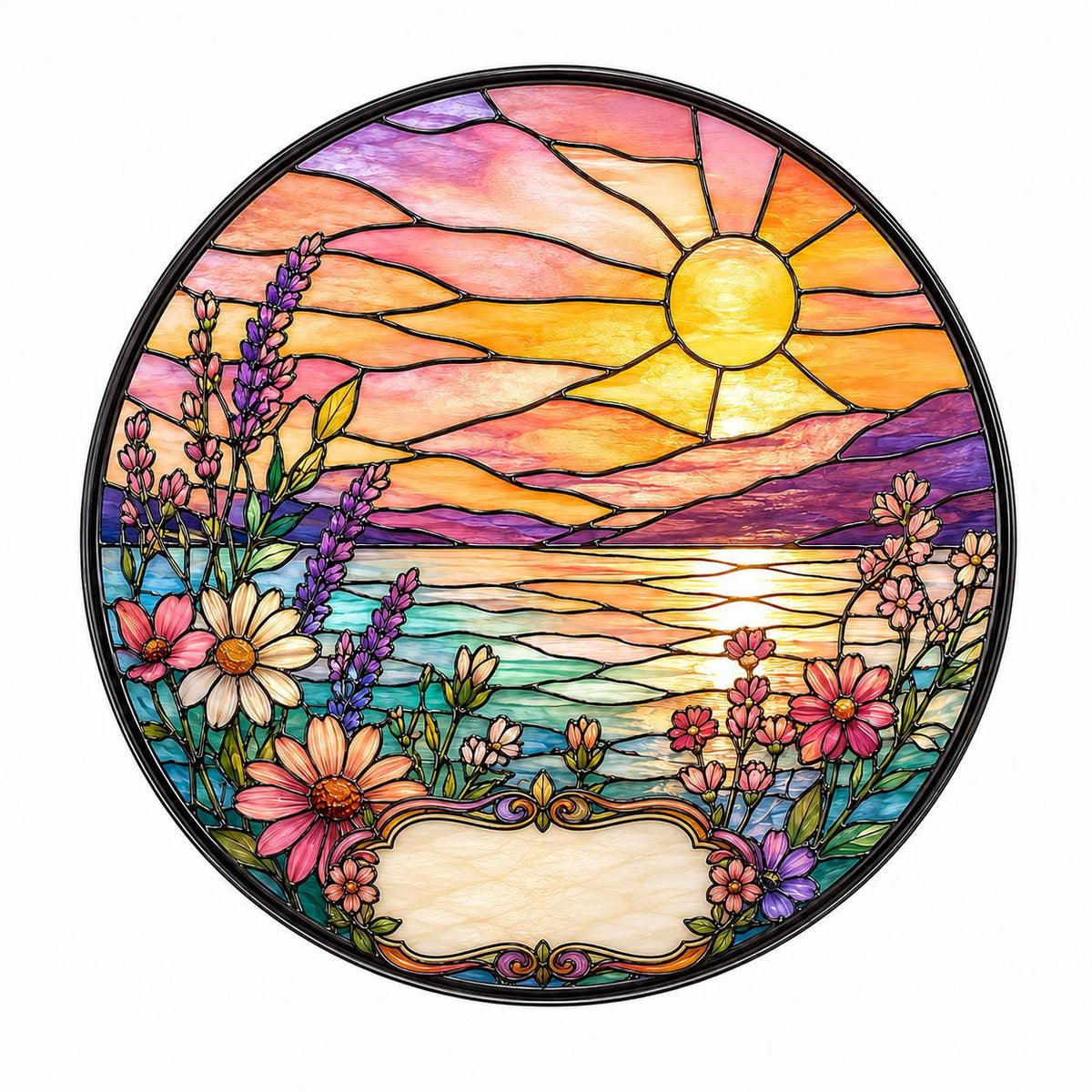 Floral meadow stained glass suncatcher with sunset sky and colorful flowers, circular design with blank engraving space.