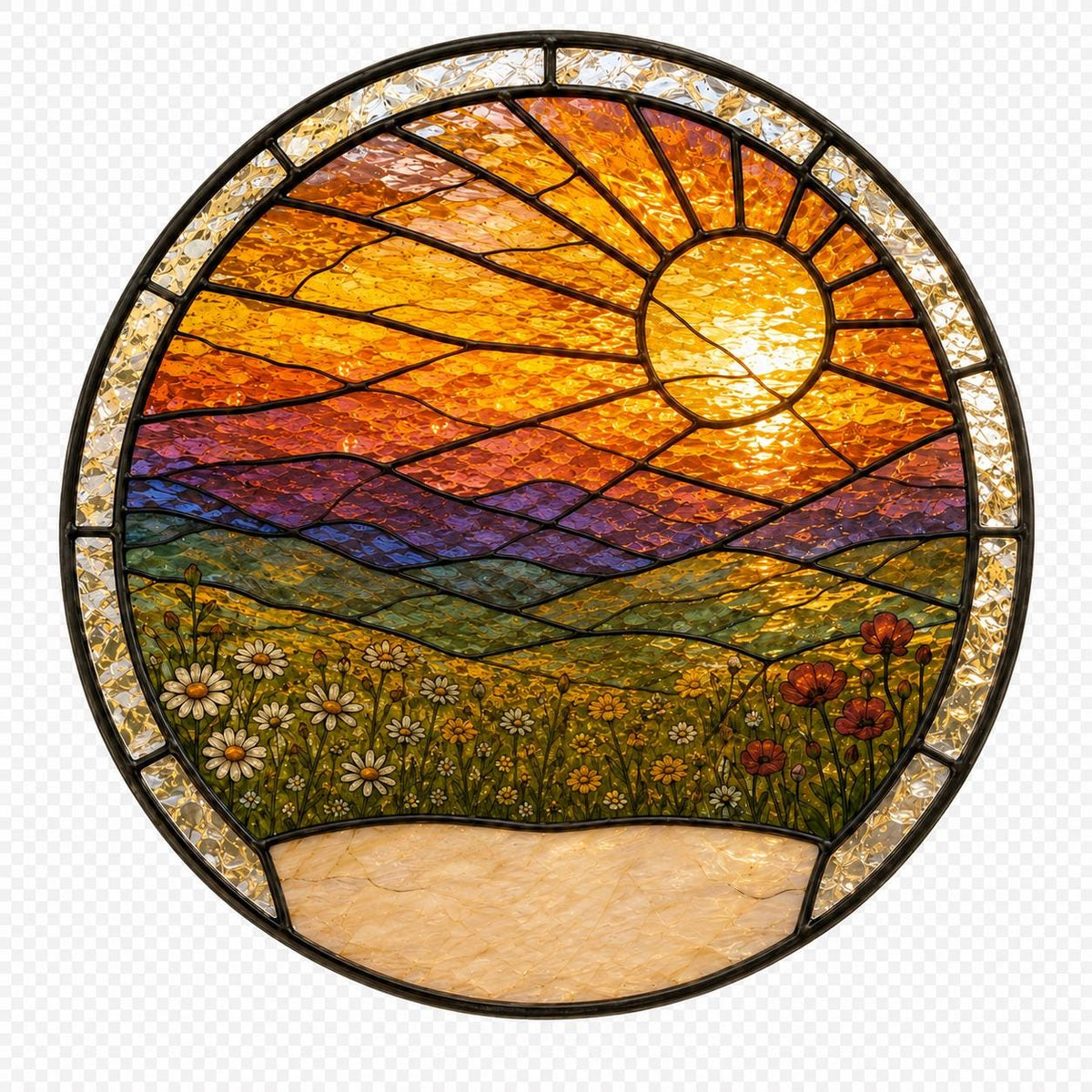 Golden landscape stained glass suncatcher with rolling hills and bright sun, detailed mosaic texture in circular panel.