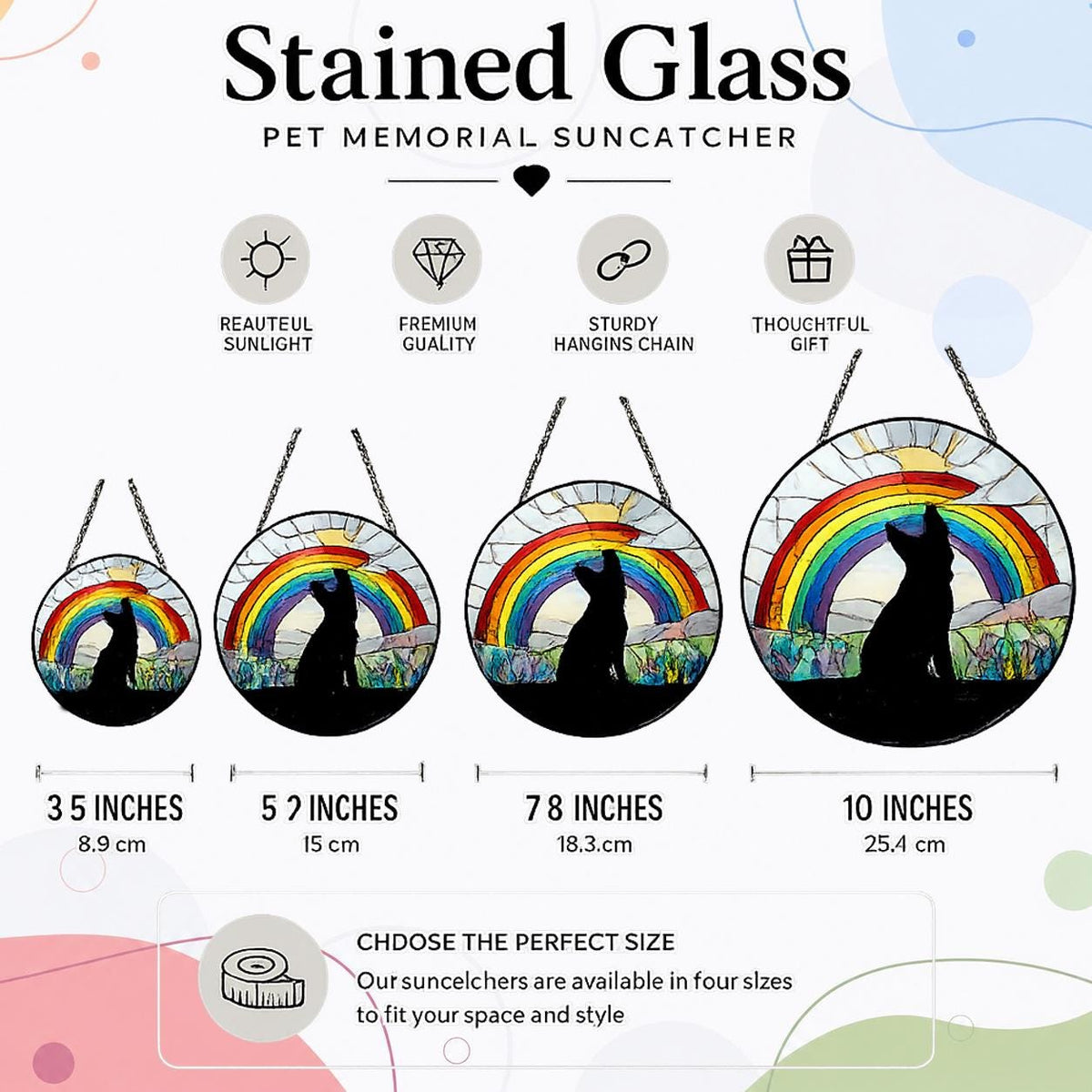Stained glass size chart showing multiple suncatcher diameters and hanging styles with visual scale comparisons.