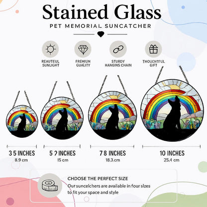 Stained glass size chart showing multiple suncatcher diameters and hanging styles with visual scale comparisons.