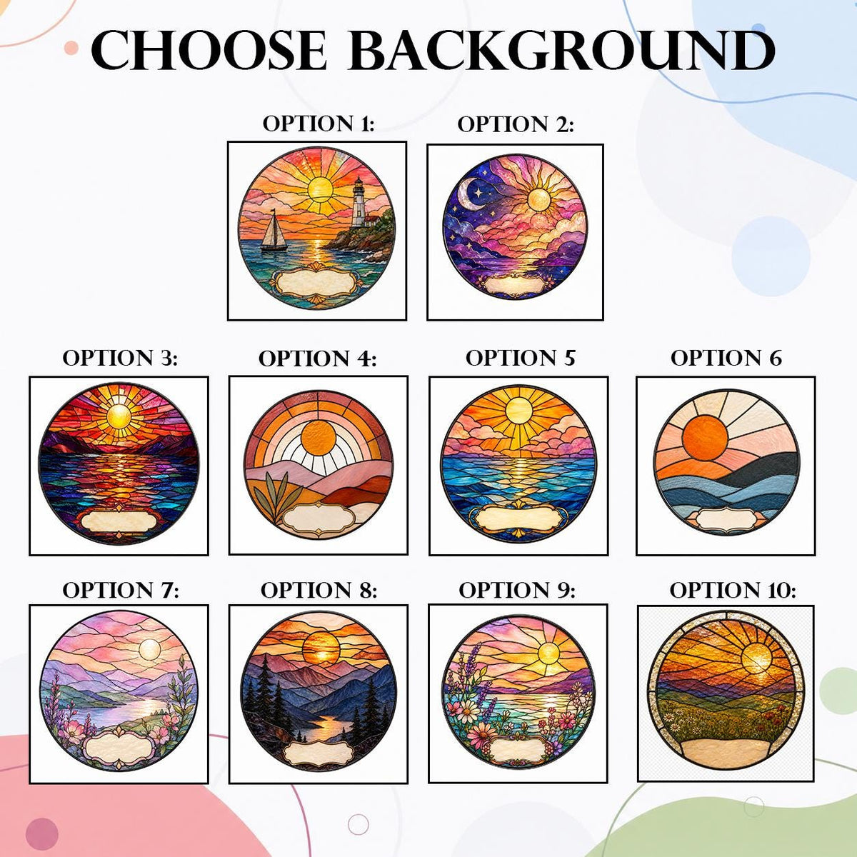 Background selection chart with multiple stained glass scene options including sunset, ocean, mountains, and night sky for custom pet memorial suncatcher.
