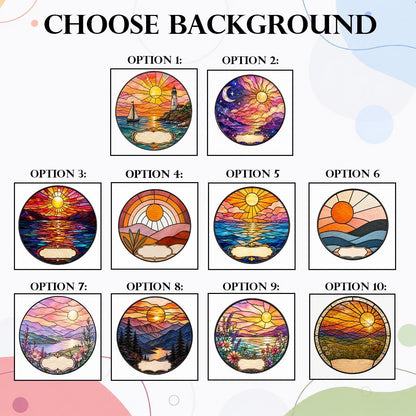 Background selection chart with multiple stained glass scene options including sunset, ocean, mountains, and night sky for custom pet memorial suncatcher.