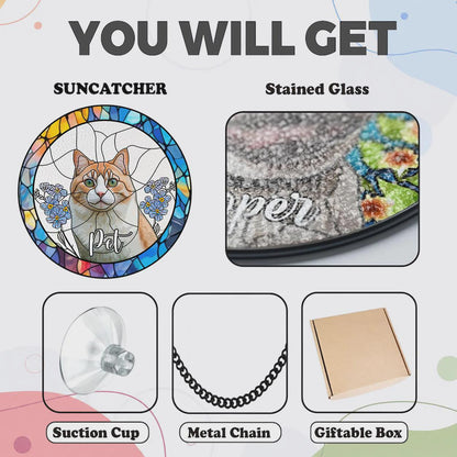 Product overview image showing included items: stained glass suncatcher, suction cup hook, metal chain, and gift box packaging for window display.