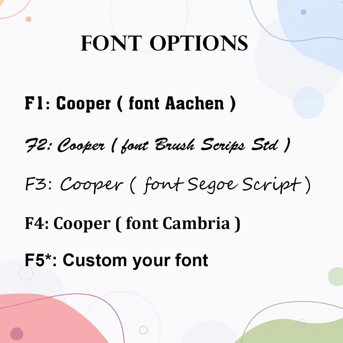 Font options chart displaying multiple text styles for custom pet name engraving, including serif, script, and handwritten fonts labeled for personalization.