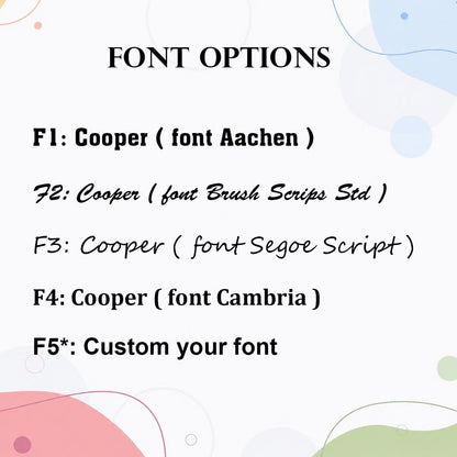 Font options chart displaying multiple text styles for custom pet name engraving, including serif, script, and handwritten fonts labeled for personalization.