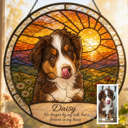 Bernese Mountain Dog stained glass suncatcher with warm golden sunburst background, circular glass panel with engraved name and photo reference beside.