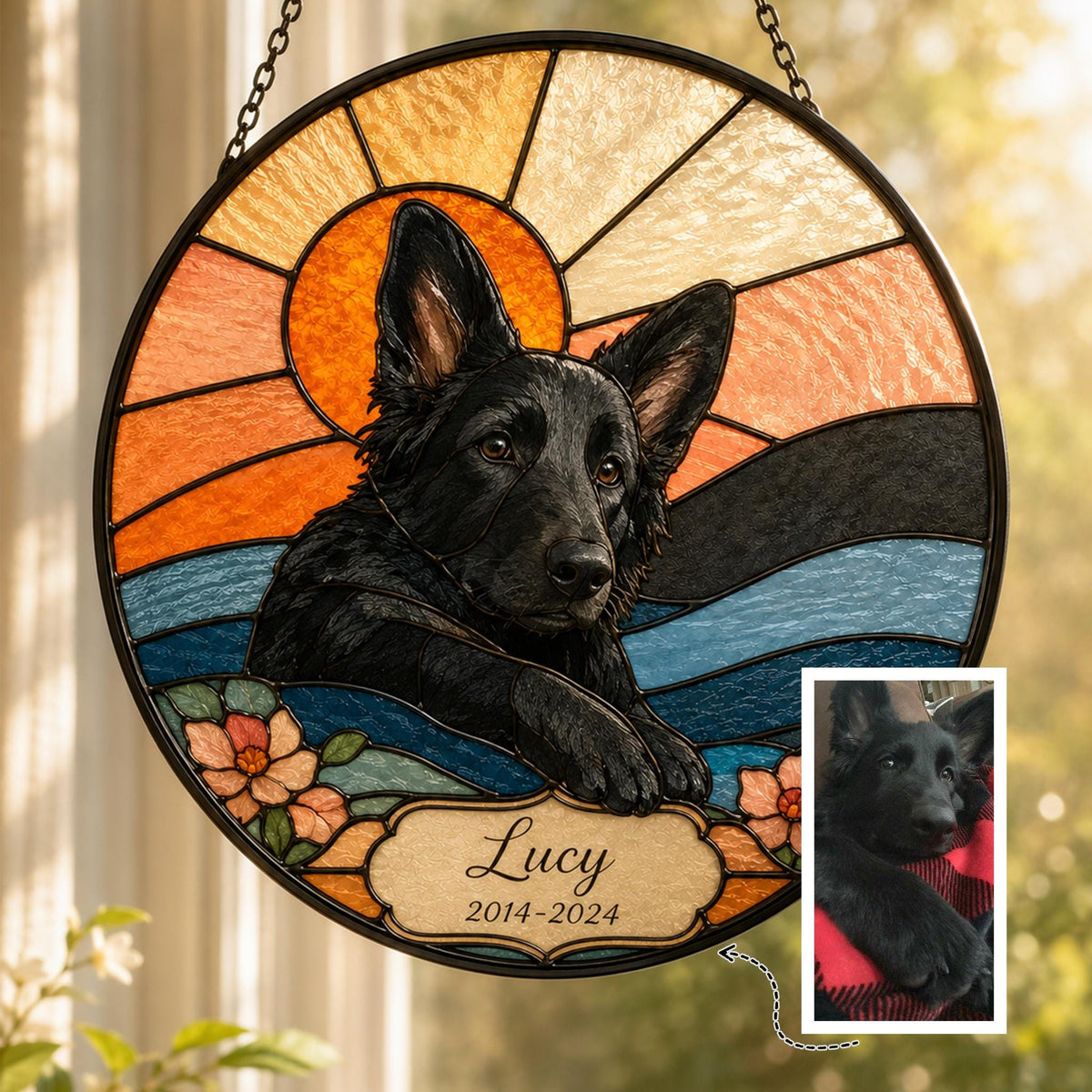French Bulldog stained glass suncatcher with sunset tones and geometric sky, round panel displayed with small printed pet photo.