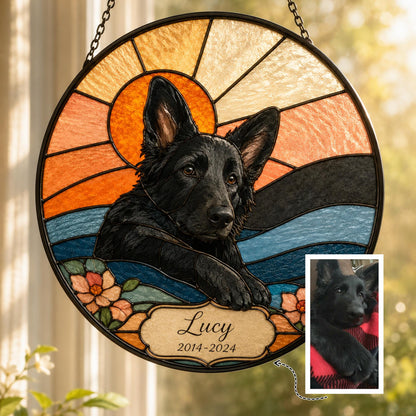 French Bulldog stained glass suncatcher with sunset tones and geometric sky, round panel displayed with small printed pet photo.
