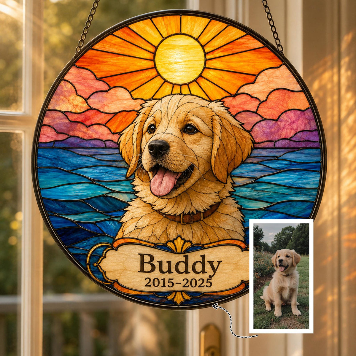 Golden Retriever stained glass suncatcher with bright sun over ocean waves, colorful mosaic glass reflecting sunlight, round hanging ornament.