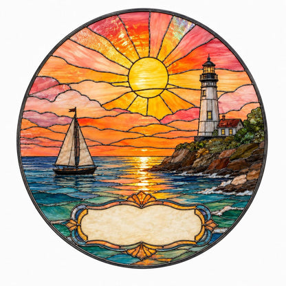 Lighthouse stained glass suncatcher with ocean waves and glowing sunset, circular design with blank nameplate for personalization.