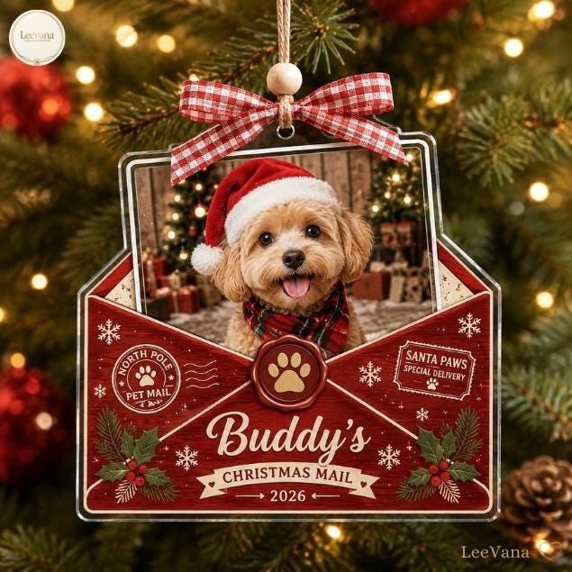 A clear acrylic Christmas ornament shaped like an envelope featuring a photo of a dog wearing a Santa hat and scarf. The design includes red accents, holly illustrations, a paw print wax seal, and text reading Buddy's Christmas Mail 2026.