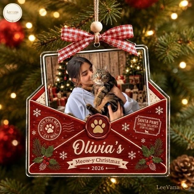 A custom envelope-shaped Christmas ornament featuring a photo of a person holding a tabby cat. The red design includes a red and white gingham bow, a gold paw print seal, and text reading Olivia's Meow-y Christmas 2026, North Pole Mail, and Santa Paws.