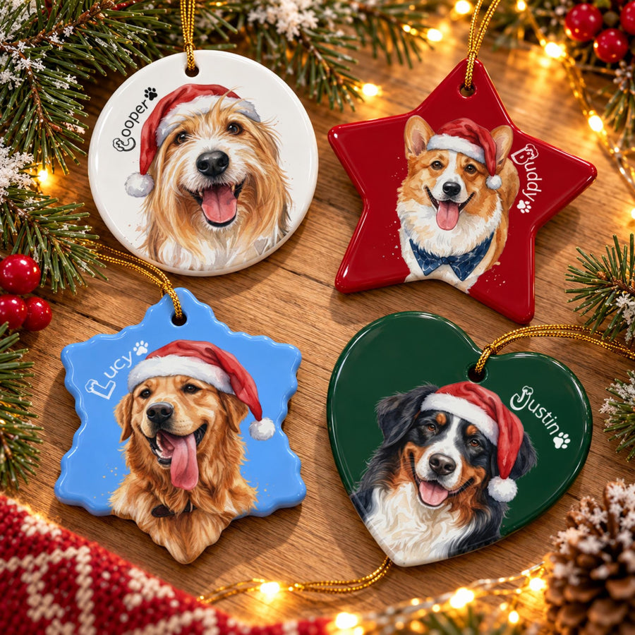 Santa Hat Watercolor Pet Ornament - Personalized Ceramic Star, Heart, Snowflake or Circle - Pet Lover Gift