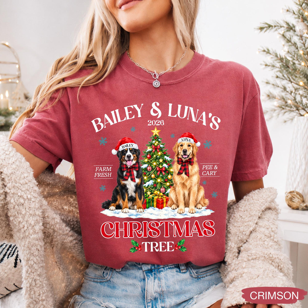 Pets' Christmas Tree Farm Shirt - Personalized Dog Or Cat Portraits With Names - Christmas Gift For Pet Moms