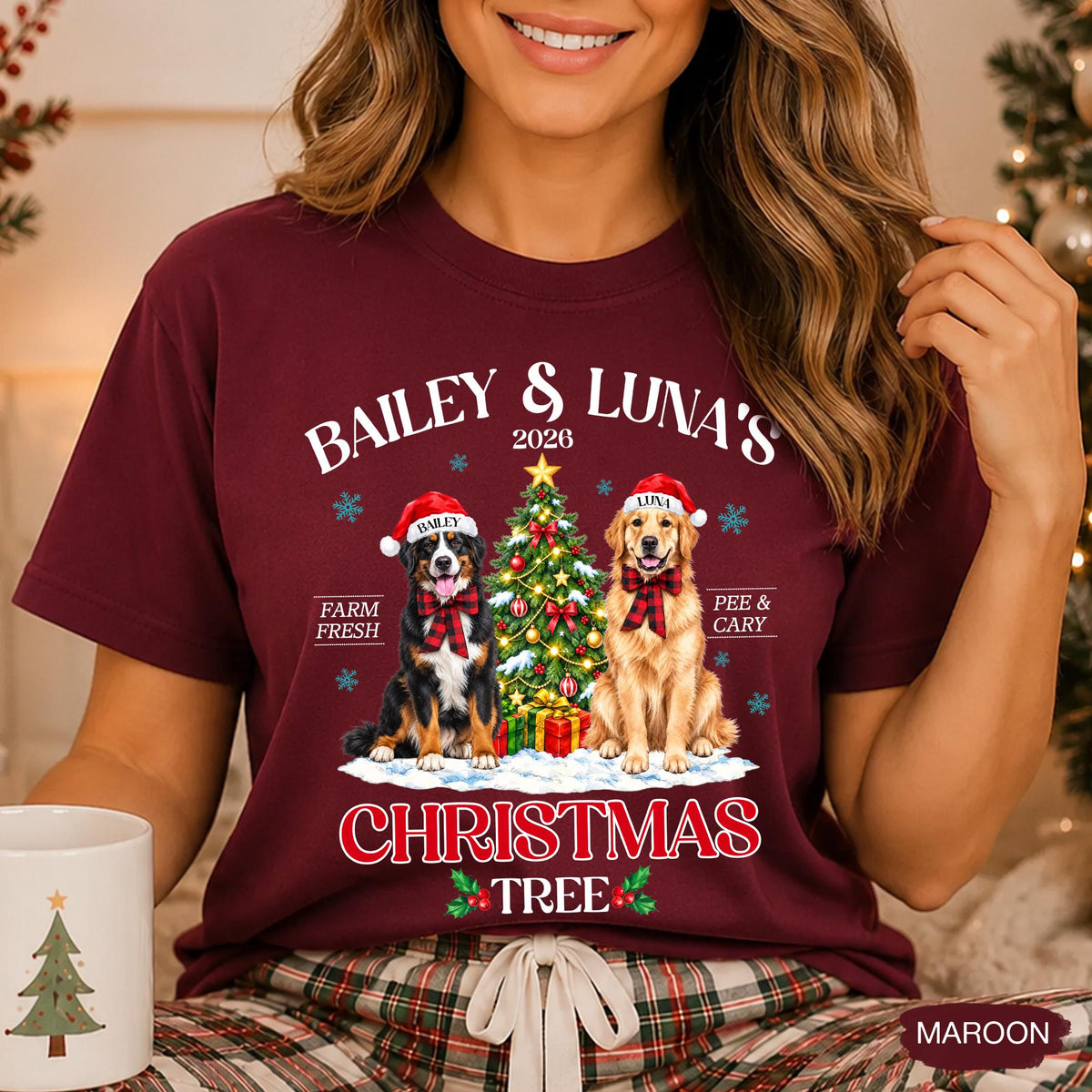 Pets' Christmas Tree Farm Shirt - Personalized Dog Or Cat Portraits With Names - Christmas Gift For Pet Moms