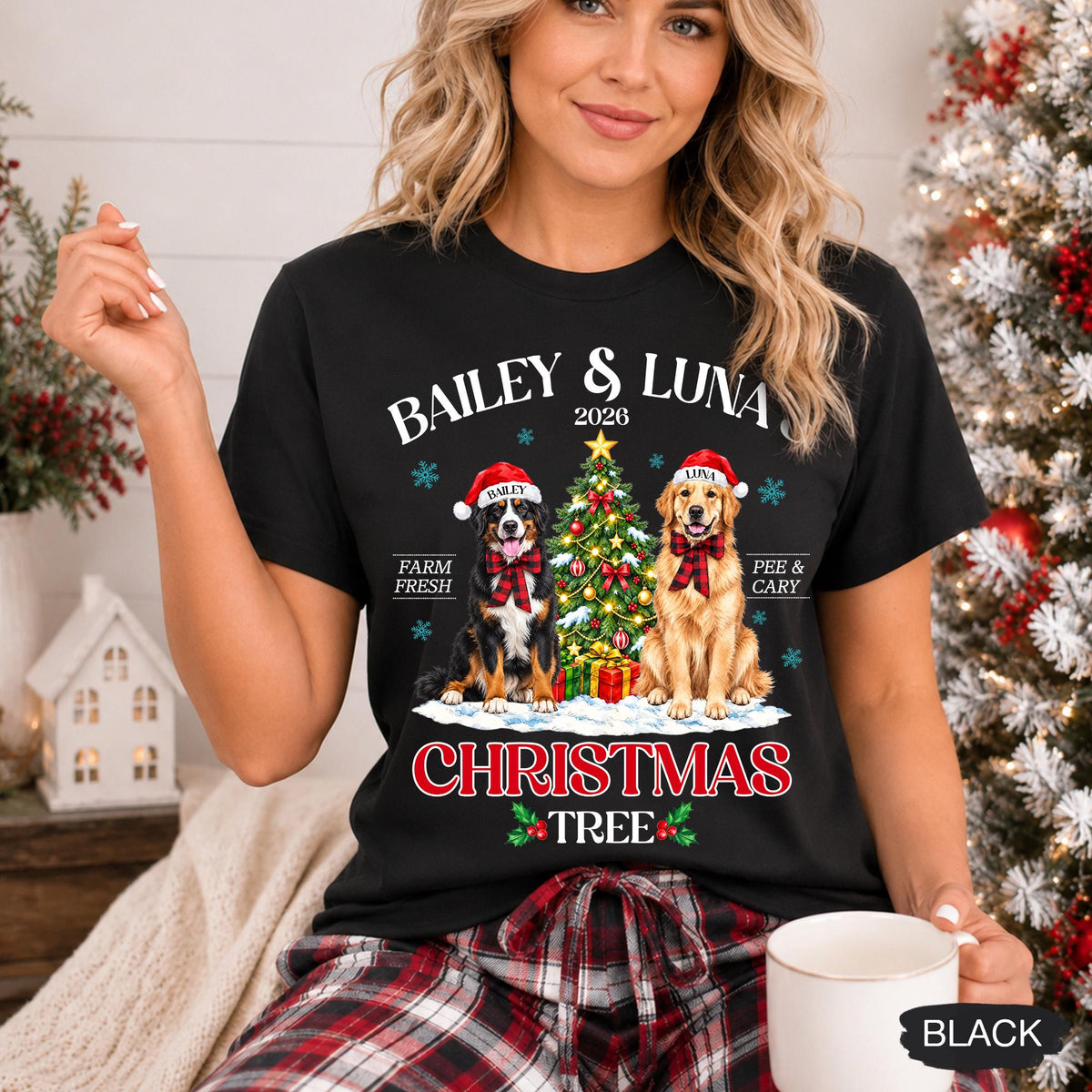 Pets' Christmas Tree Farm Shirt - Personalized Dog Or Cat Portraits With Names - Christmas Gift For Pet Moms