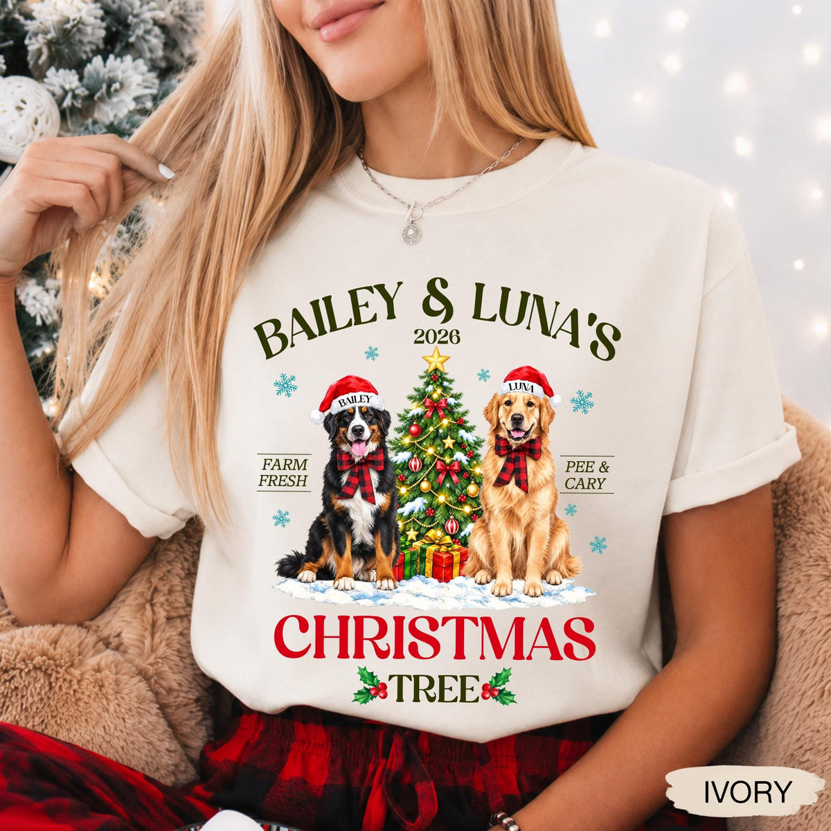 Pets' Christmas Tree Farm Shirt - Personalized Dog Or Cat Portraits With Names - Christmas Gift For Pet Moms