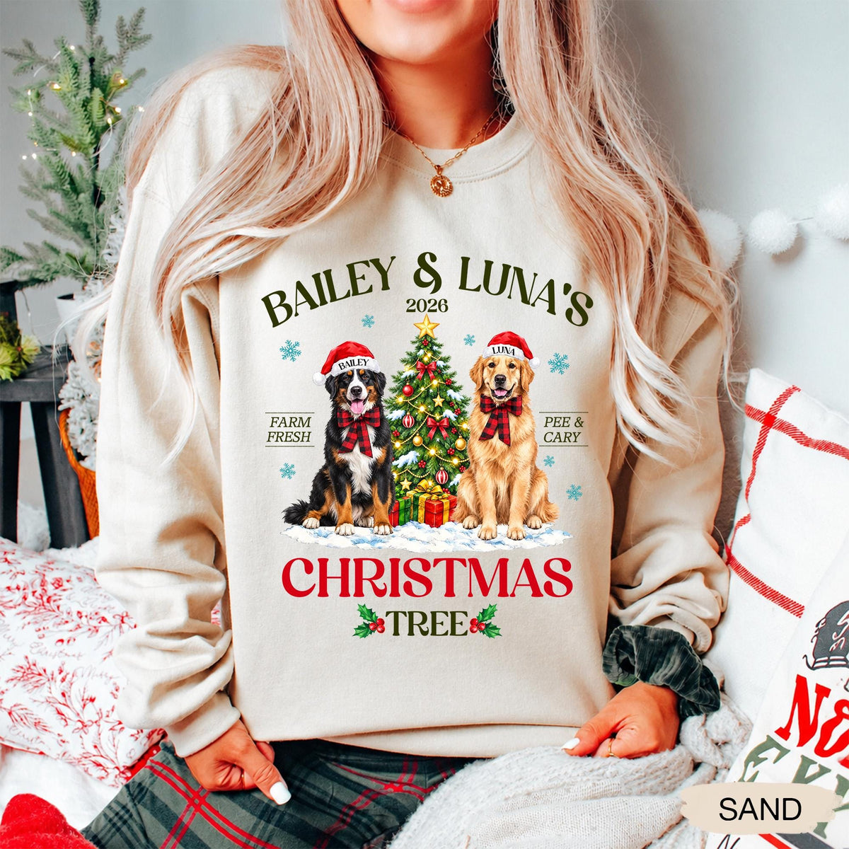 Pets' Christmas Tree Farm Shirt - Personalized Dog Or Cat Portraits With Names - Christmas Gift For Pet Moms